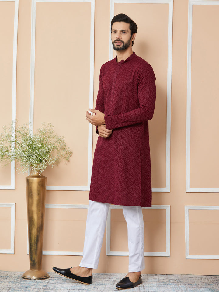 Maroon Embroidered Chikankari Rayon Straight Kurta