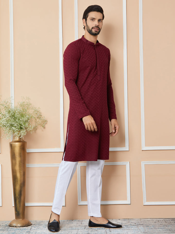 Maroon Embroidered Chikankari Rayon Straight Kurta