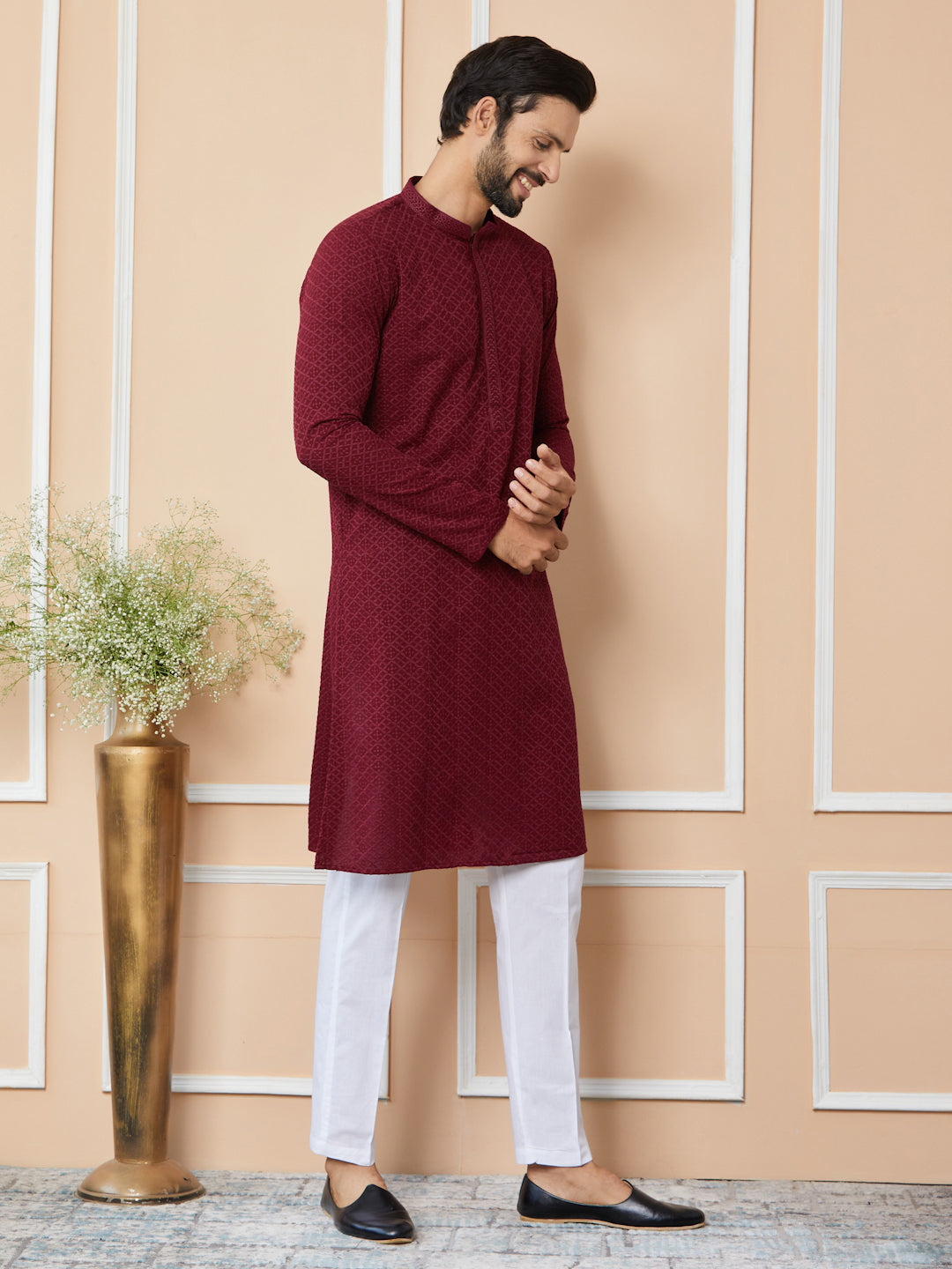 Maroon Embroidered Chikankari Rayon Straight Kurta