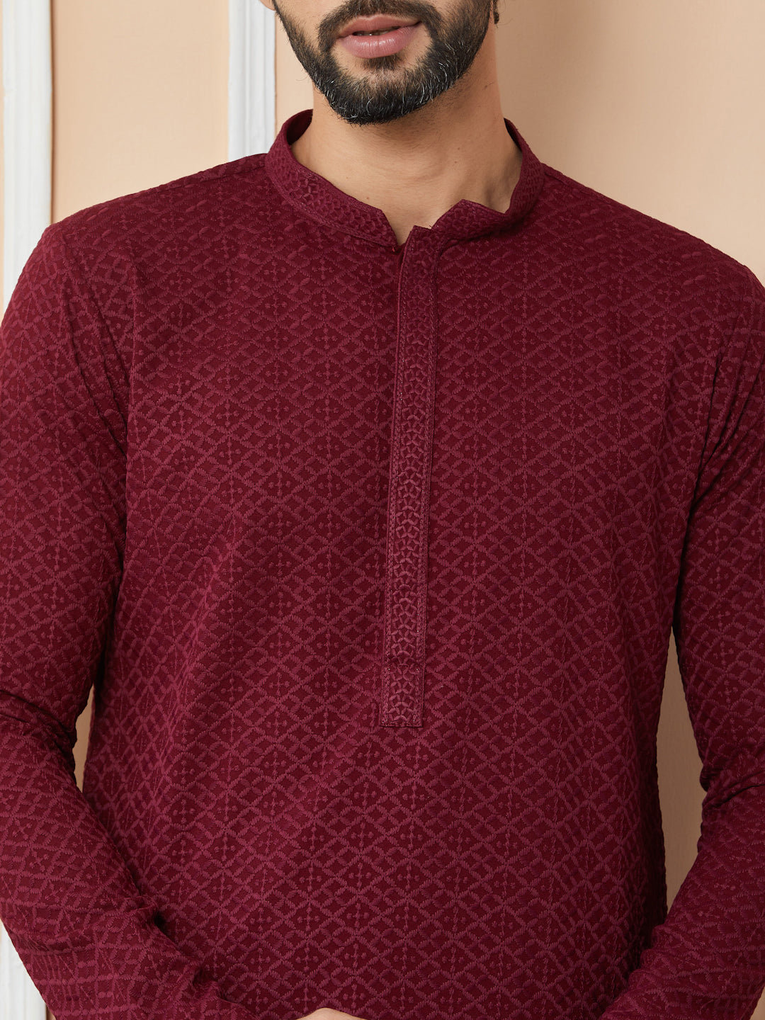 Maroon Embroidered Chikankari Rayon Straight Kurta