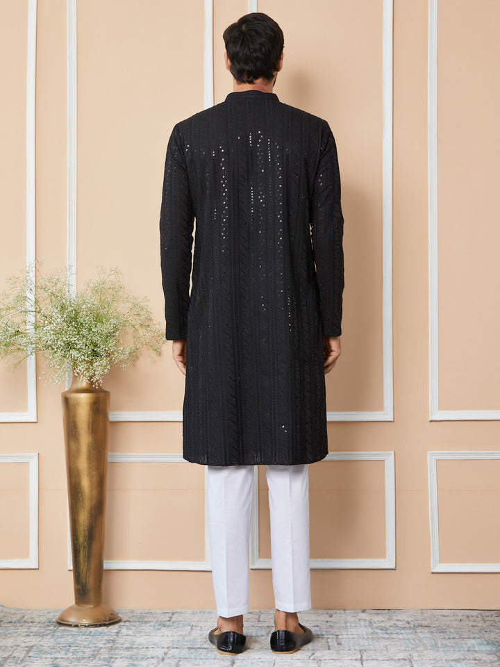 Black Sequins Embroidered Chikankari Pure Cotton Straight Kurta