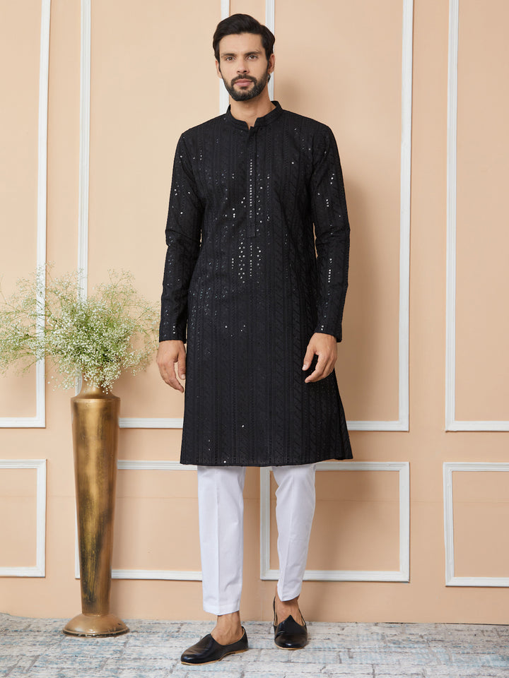 Black Sequins Embroidered Chikankari Pure Cotton Straight Kurta