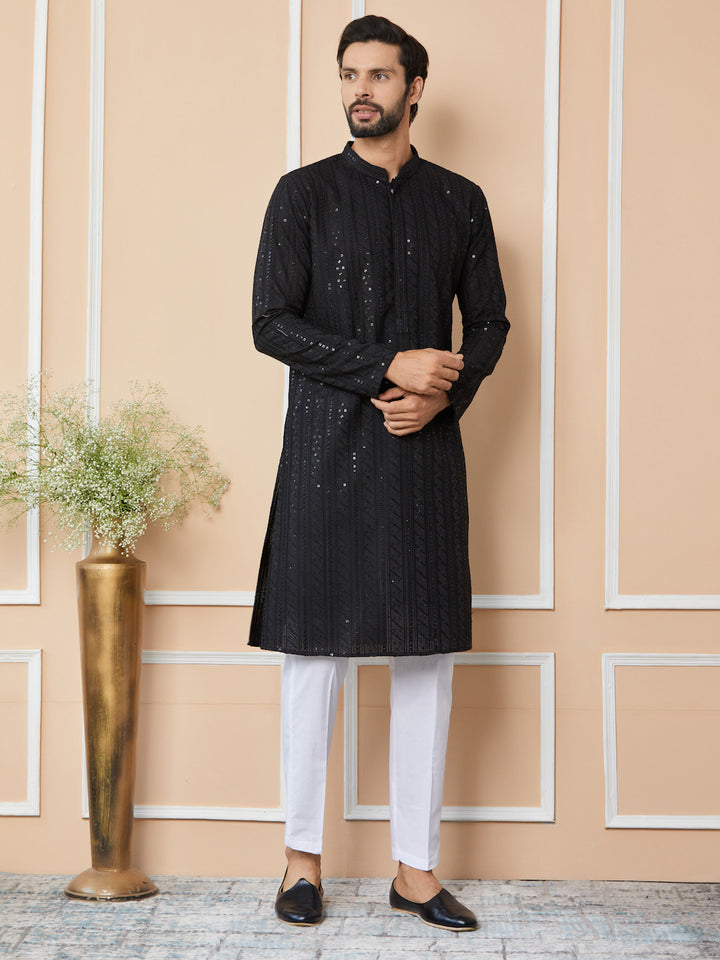 Black Sequins Embroidered Chikankari Pure Cotton Straight Kurta