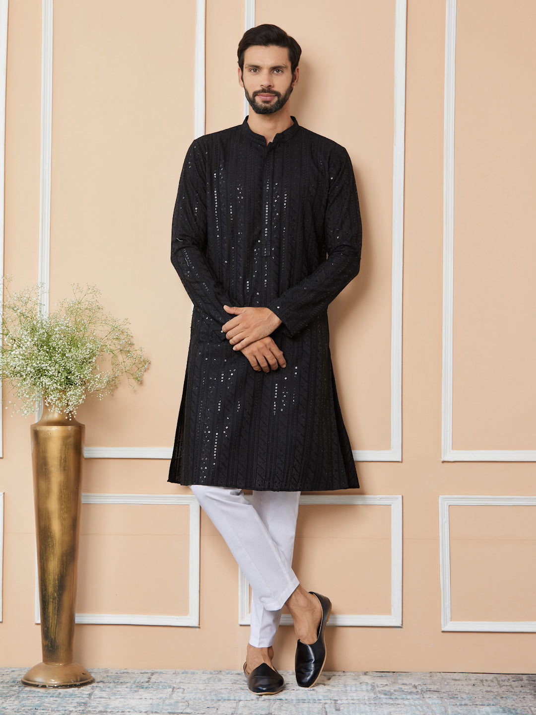 Black Sequins Embroidered Chikankari Pure Cotton Straight Kurta