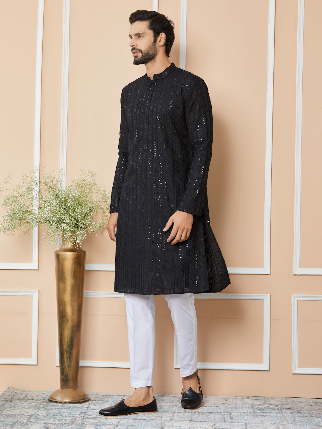 Black Sequins Embroidered Chikankari Pure Cotton Straight Kurta