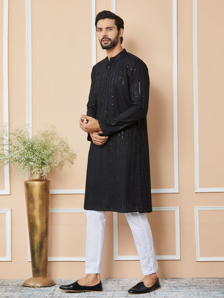 Black Sequins Embroidered Chikankari Pure Cotton Straight Kurta