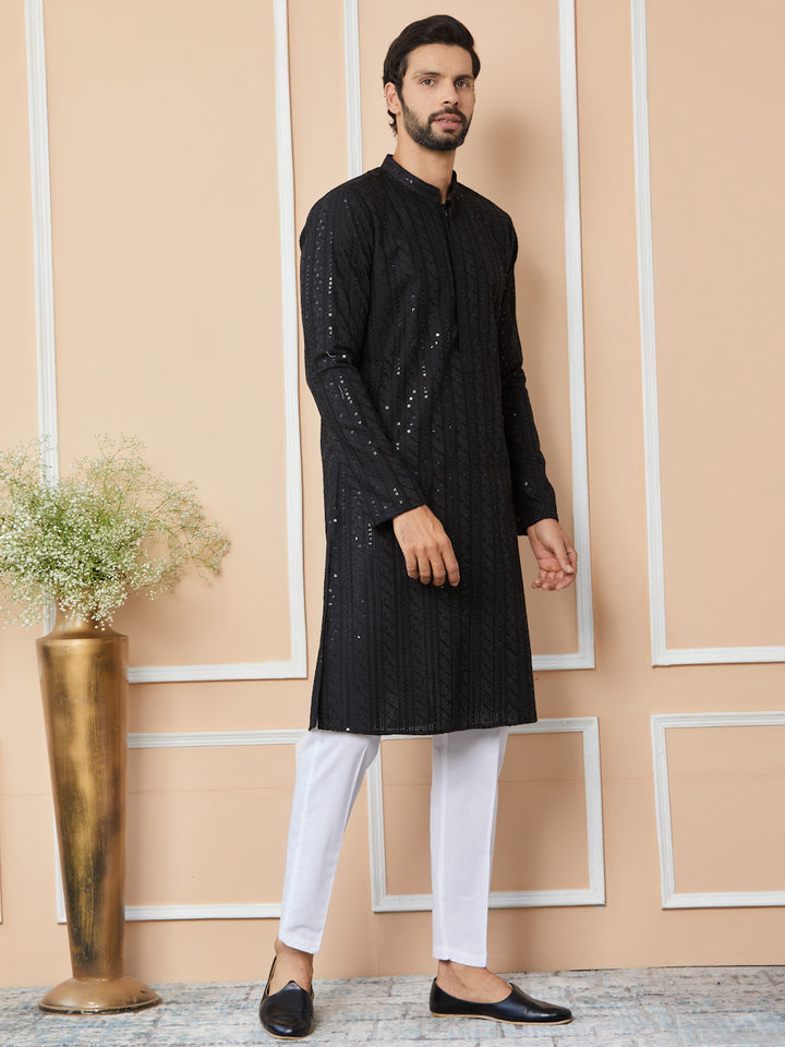 Black Sequins Embroidered Chikankari Pure Cotton Straight Kurta