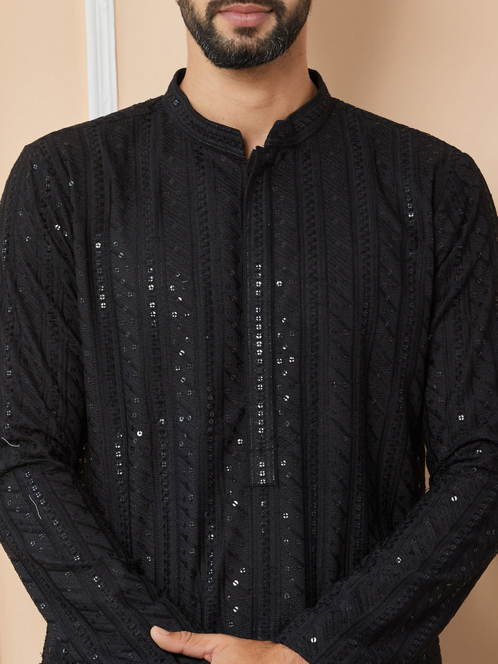 Black Sequins Embroidered Chikankari Pure Cotton Straight Kurta