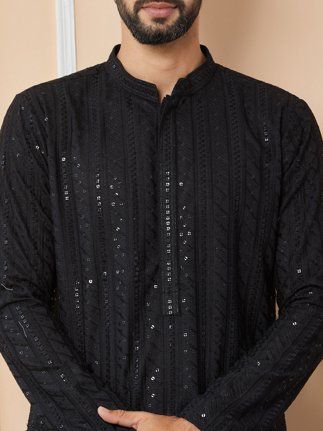 Black Sequins Embroidered Pure Cotton Straight Kurta with Pyjama