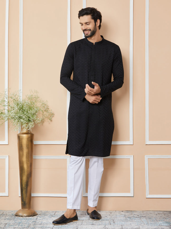 Black Embroidered Chikankari Kurta For Men Rayon Straight Kurta