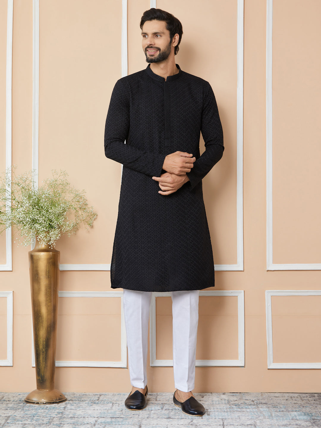 Black Embroidered Chikankari Kurta For Men Rayon Straight Kurta