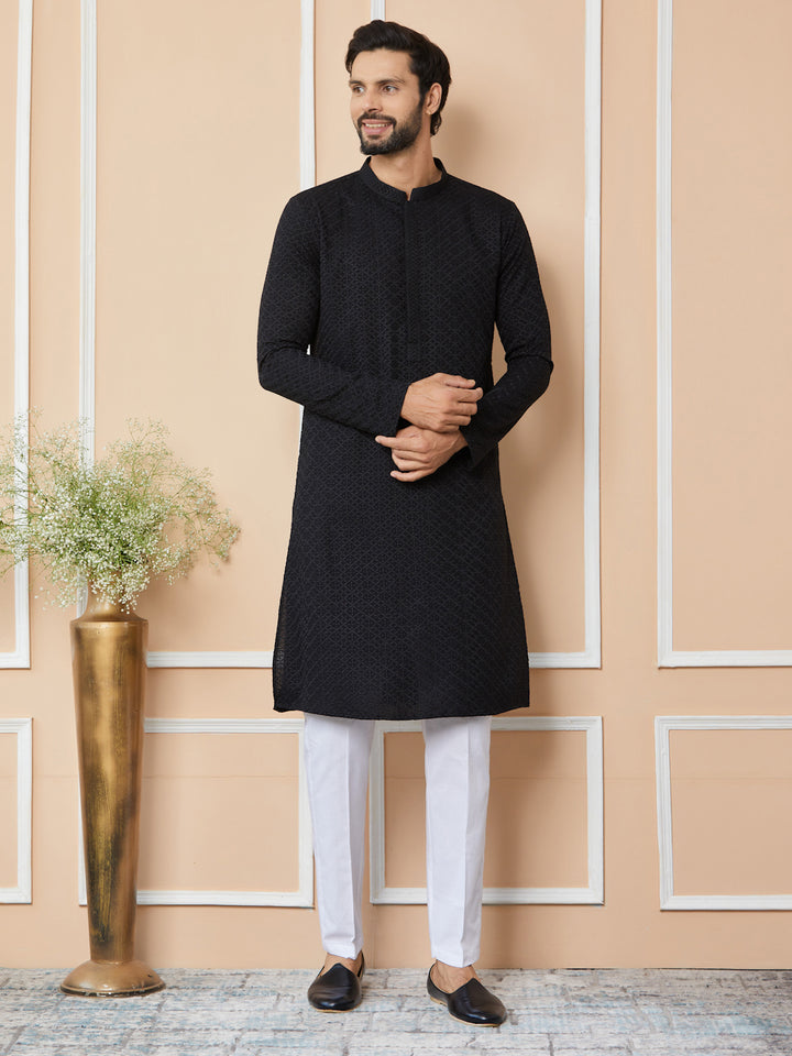 Black Embroidered Chikankari Kurta For Men Rayon Straight Kurta