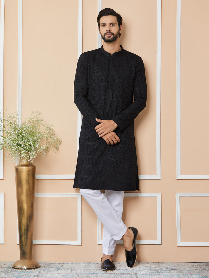 Black Embroidered Chikankari Kurta For Men Rayon Straight Kurta