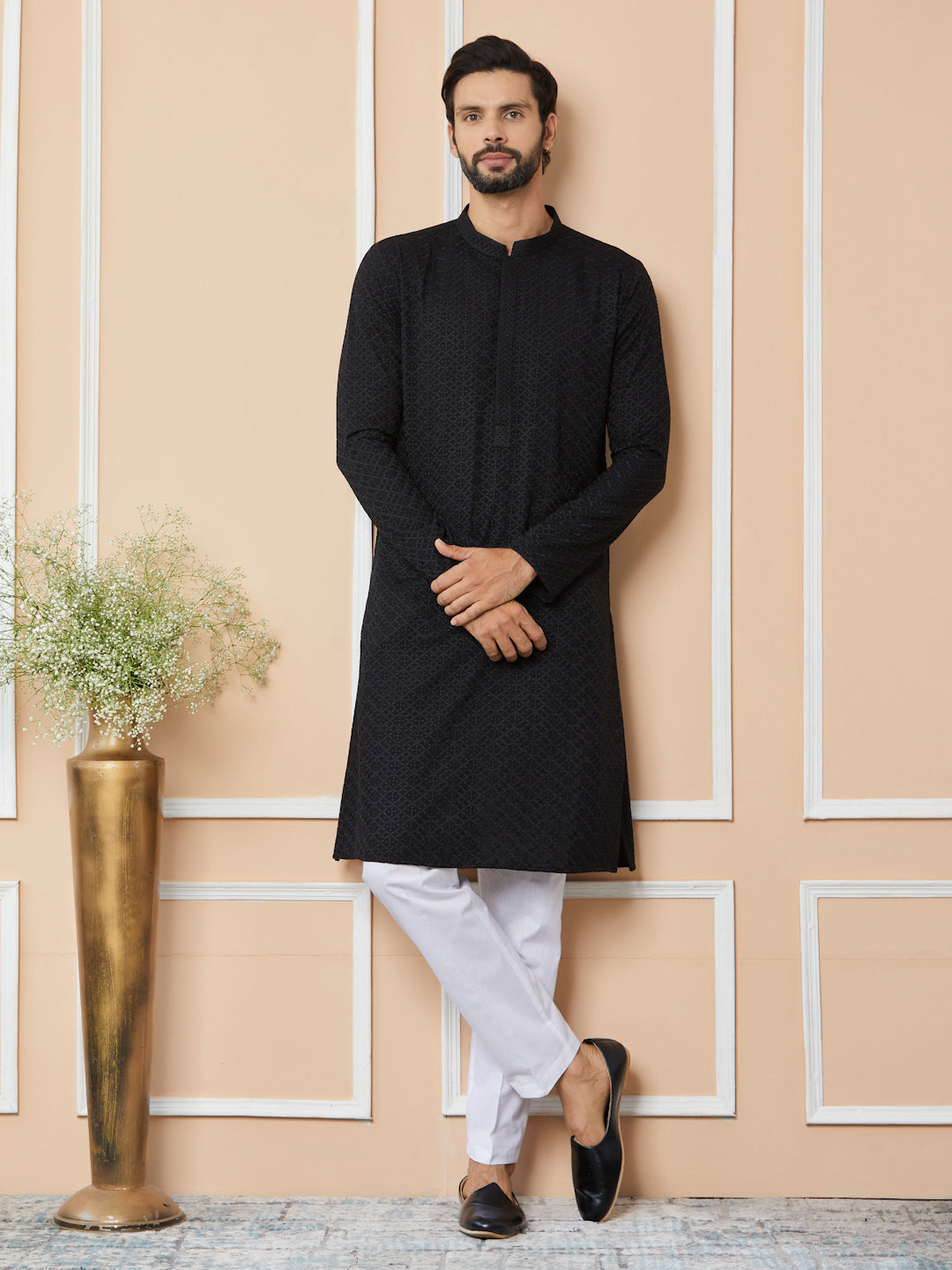 Black Embroidered Chikankari Rayon Straight Kurta with Pyjama