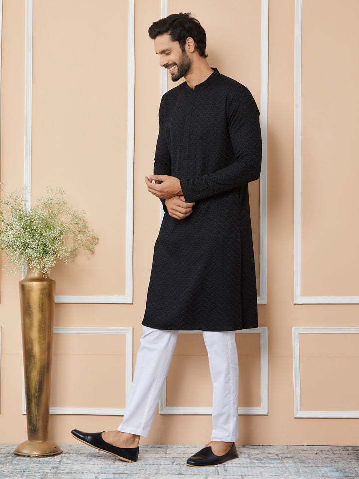 Black Embroidered Chikankari Kurta For Men Rayon Straight Kurta