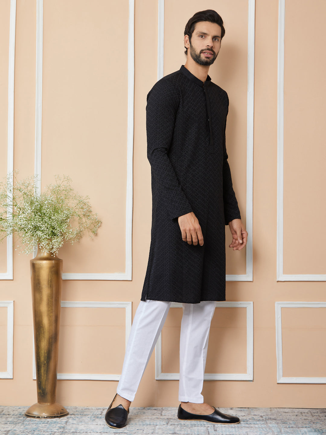 Black Embroidered Chikankari Kurta For Men Rayon Straight Kurta