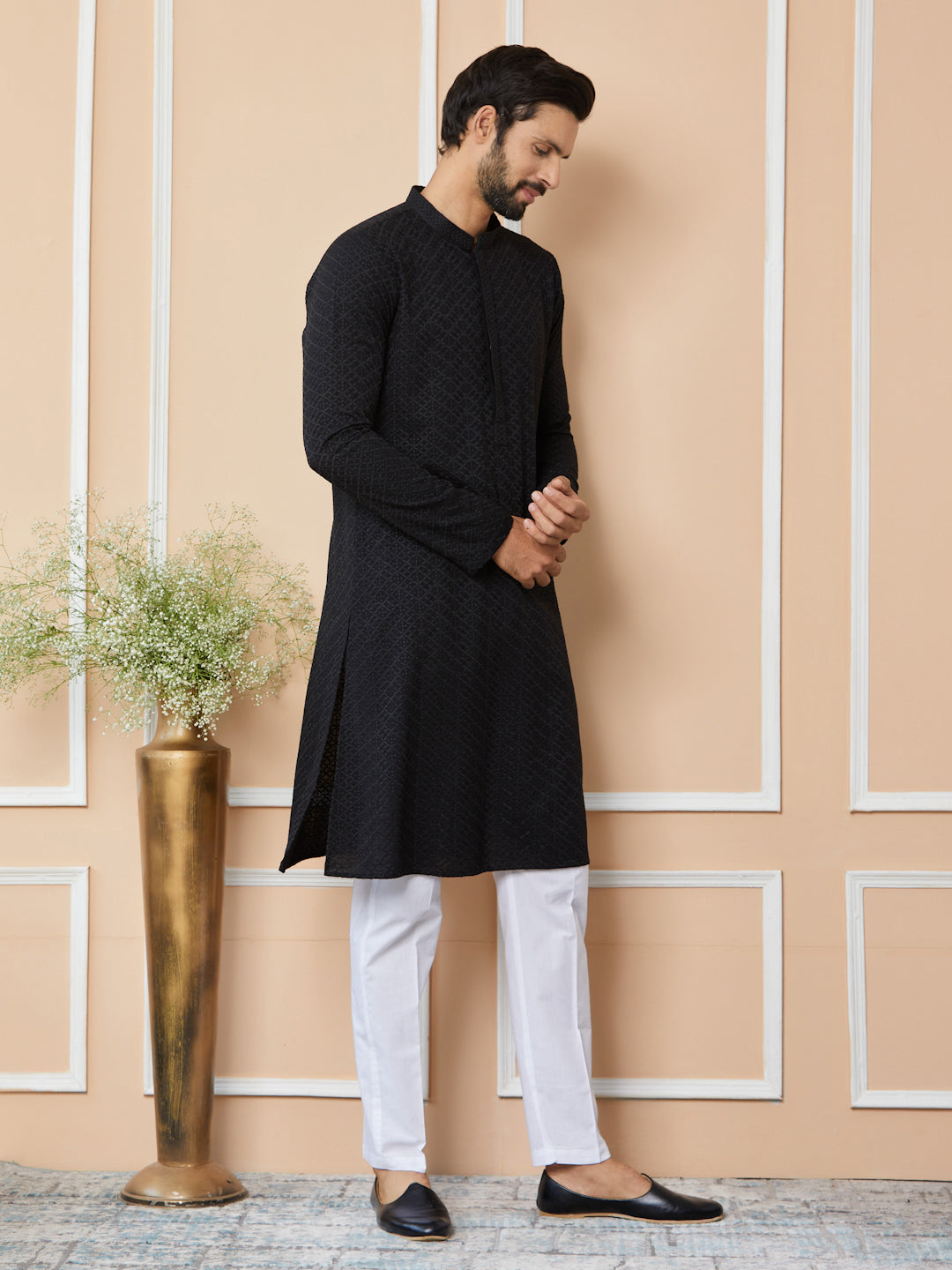 Black Embroidered Chikankari Kurta For Men Rayon Straight Kurta