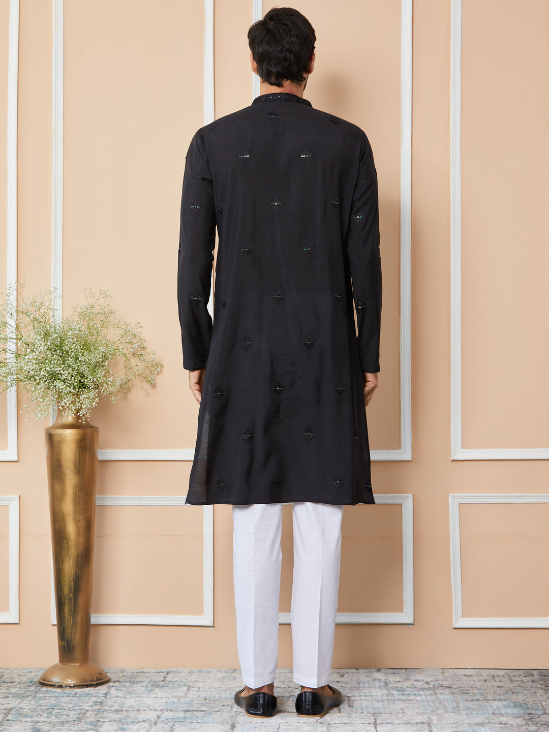 Black Embroidered Pure Chanderi Silk Straight Kurta with Pyjama