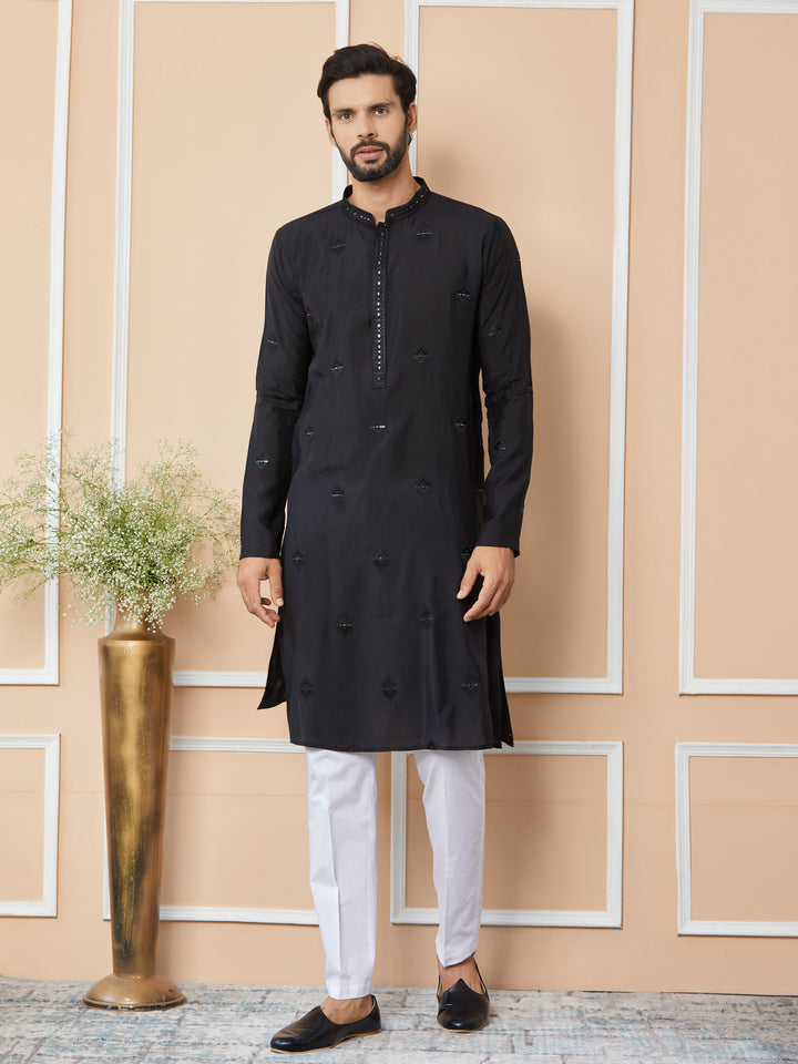 Black Embroidered Pure Chanderi Silk Straight Kurta