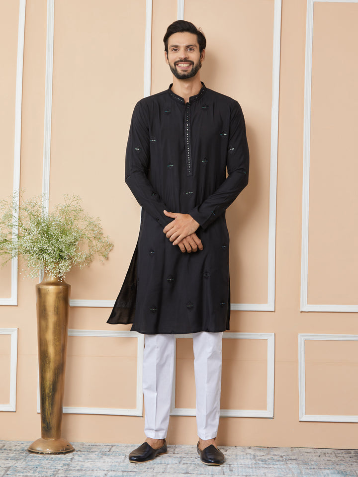 Black Embroidered Pure Chanderi Silk Straight Kurta