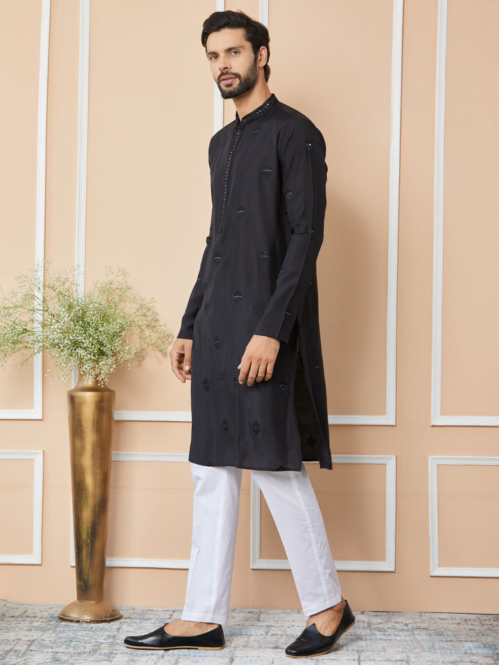 Black Embroidered Pure Chanderi Silk Straight Kurta