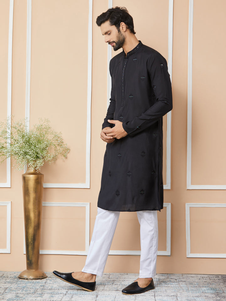 Black Embroidered Pure Chanderi Silk Straight Kurta