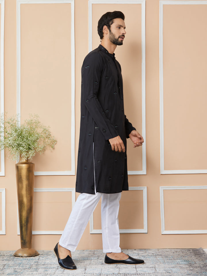 Black Embroidered Pure Chanderi Silk Straight Kurta with Pyjama