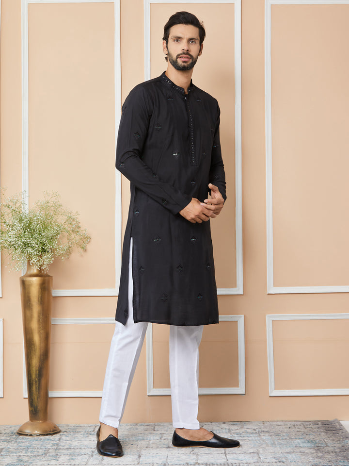 Black Embroidered Pure Chanderi Silk Straight Kurta