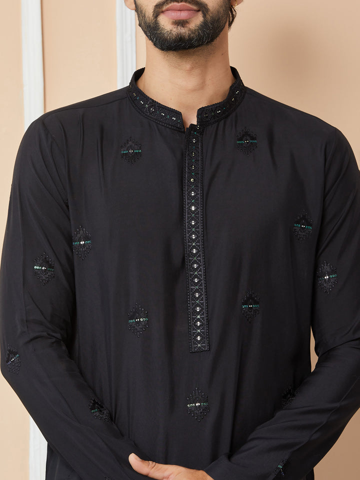 Black Embroidered Pure Chanderi Silk Straight Kurta