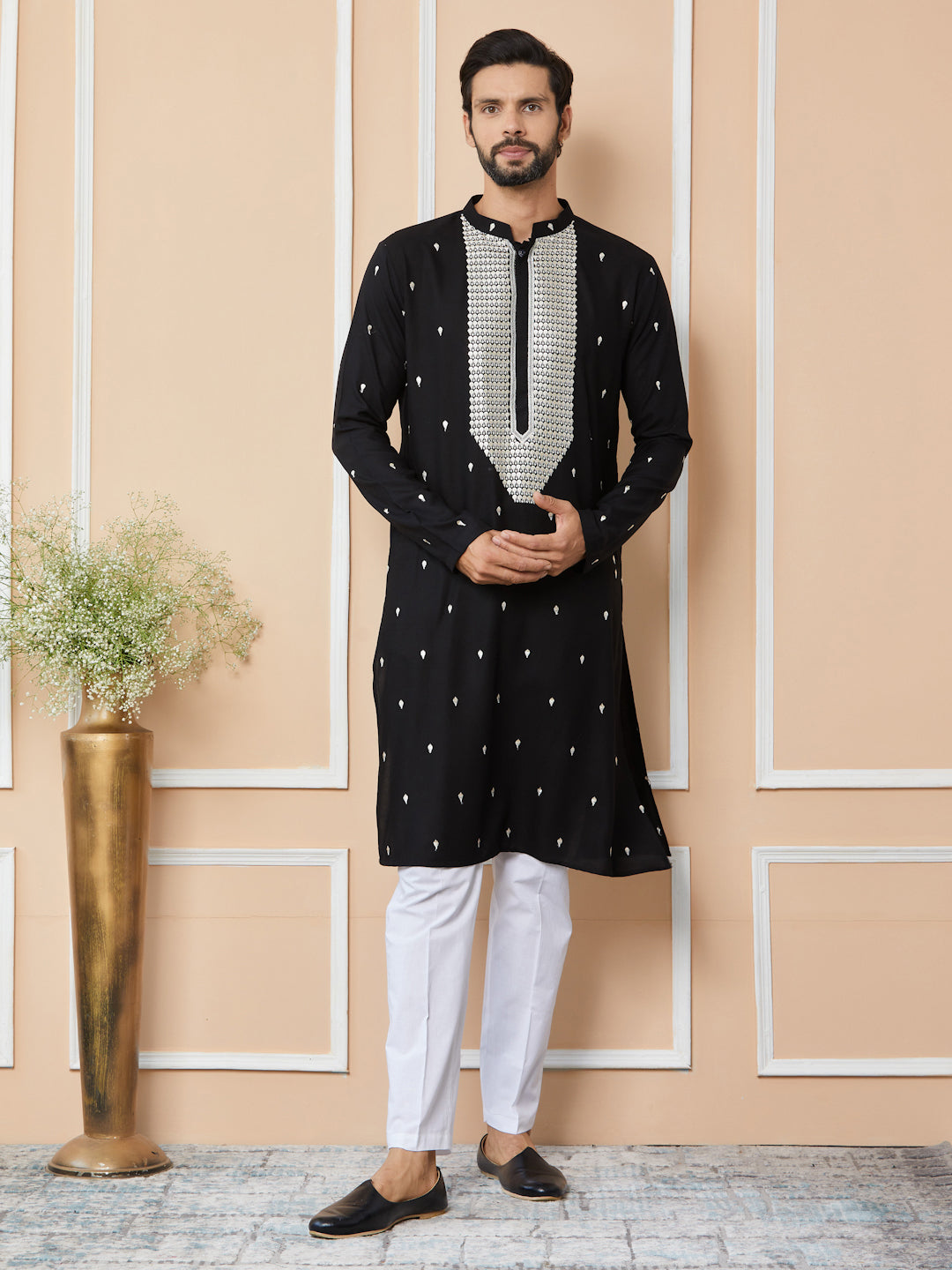 Black Sequins Embroidered Rayon Straight Kurta with Yoke Design and Pyjama