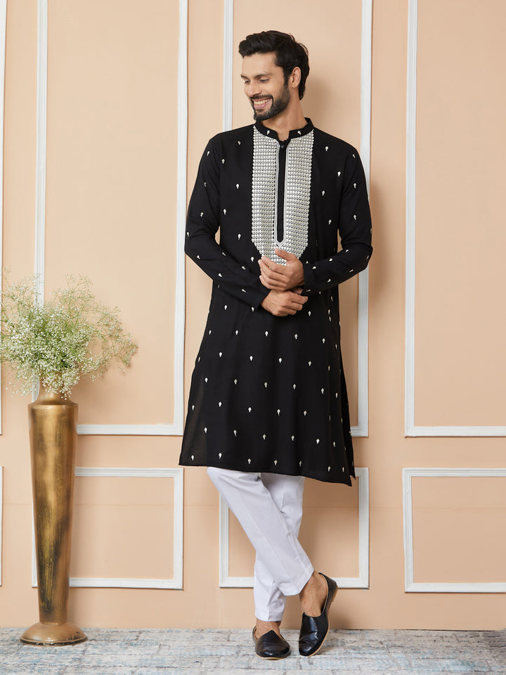 Black Sequins Embroidered Rayon Straight Kurta with Yoke Design and Pyjama