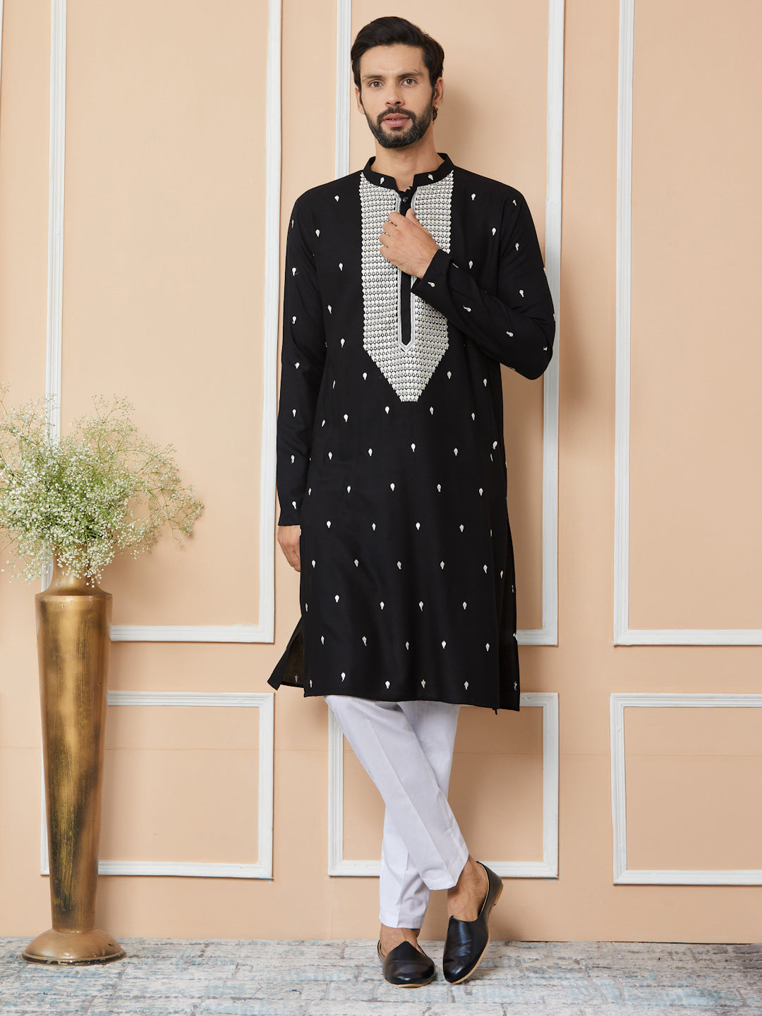 Black Sequins Embroidered Rayon Straight Kurta with Yoke Design