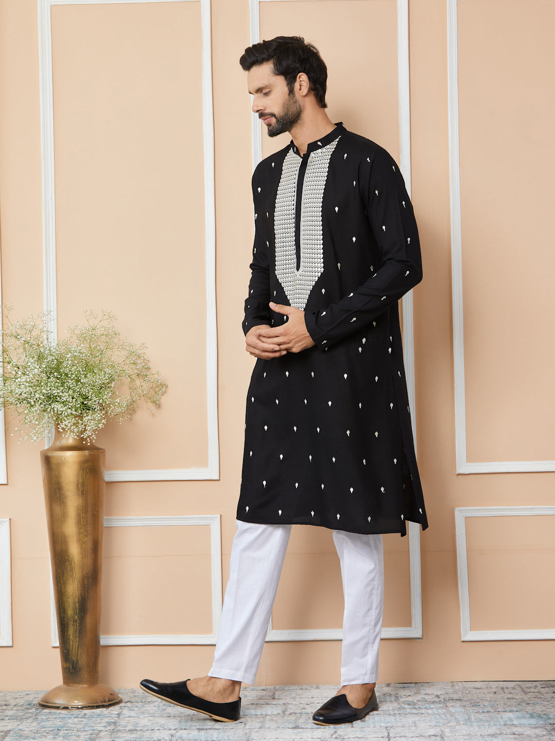 Black Sequins Embroidered Rayon Straight Kurta with Yoke Design