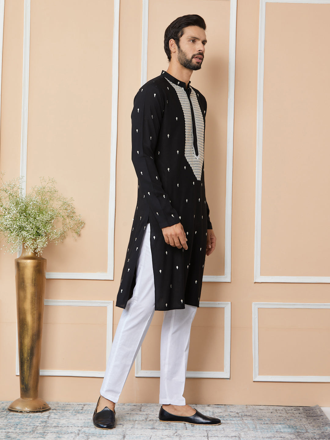 Black Sequins Embroidered Rayon Straight Kurta with Yoke Design and Pyjama