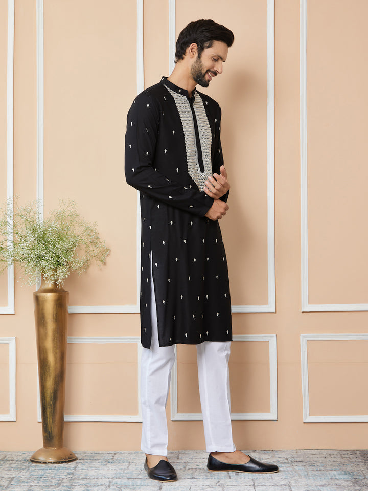 Black Sequins Embroidered Rayon Straight Kurta with Yoke Design and Pyjama