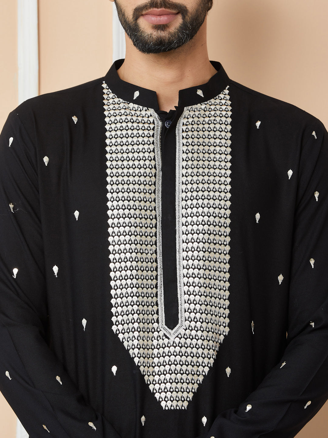 Black Sequins Embroidered Rayon Straight Kurta with Yoke Design