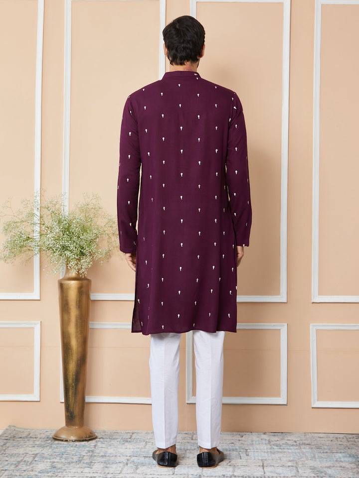 Purple Sequins Embroidered Rayon Straight Kurta with Yoke Design