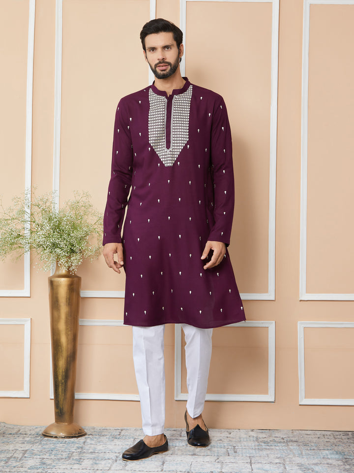 Purple Sequins Embroidered Rayon Straight Kurta with Yoke Design