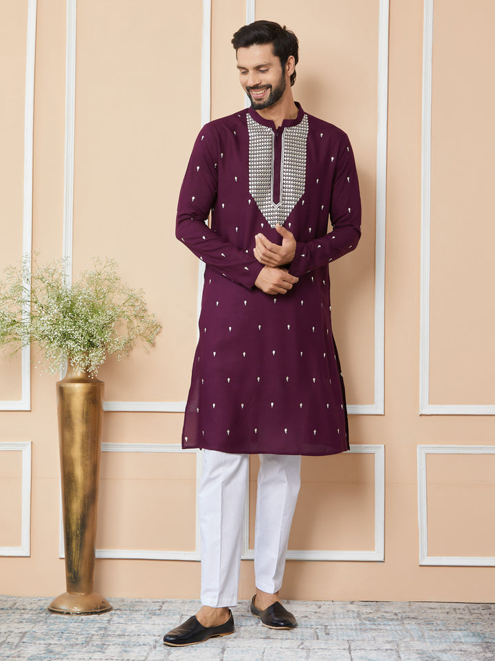 Purple Sequins Embroidered Rayon Straight Kurta with Yoke Design