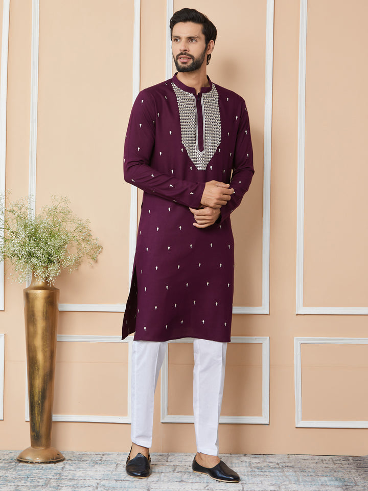 Purple Sequins Embroidered Rayon Straight Kurta with Yoke Design