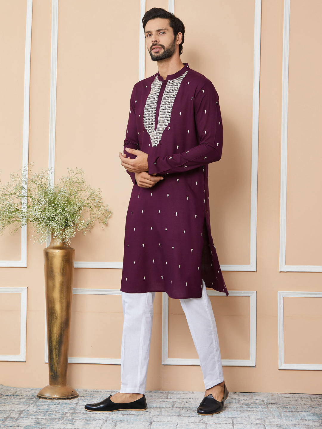 Purple Sequins Embroidered Rayon Straight Kurta with Yoke Design