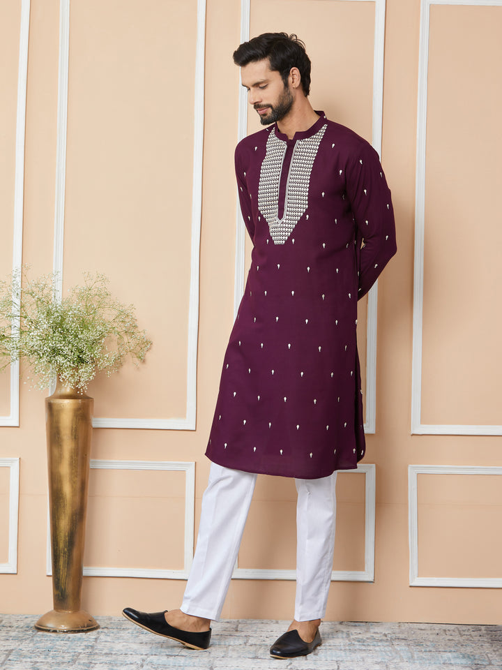 Purple Sequins Embroidered Rayon Straight Kurta with Yoke Design