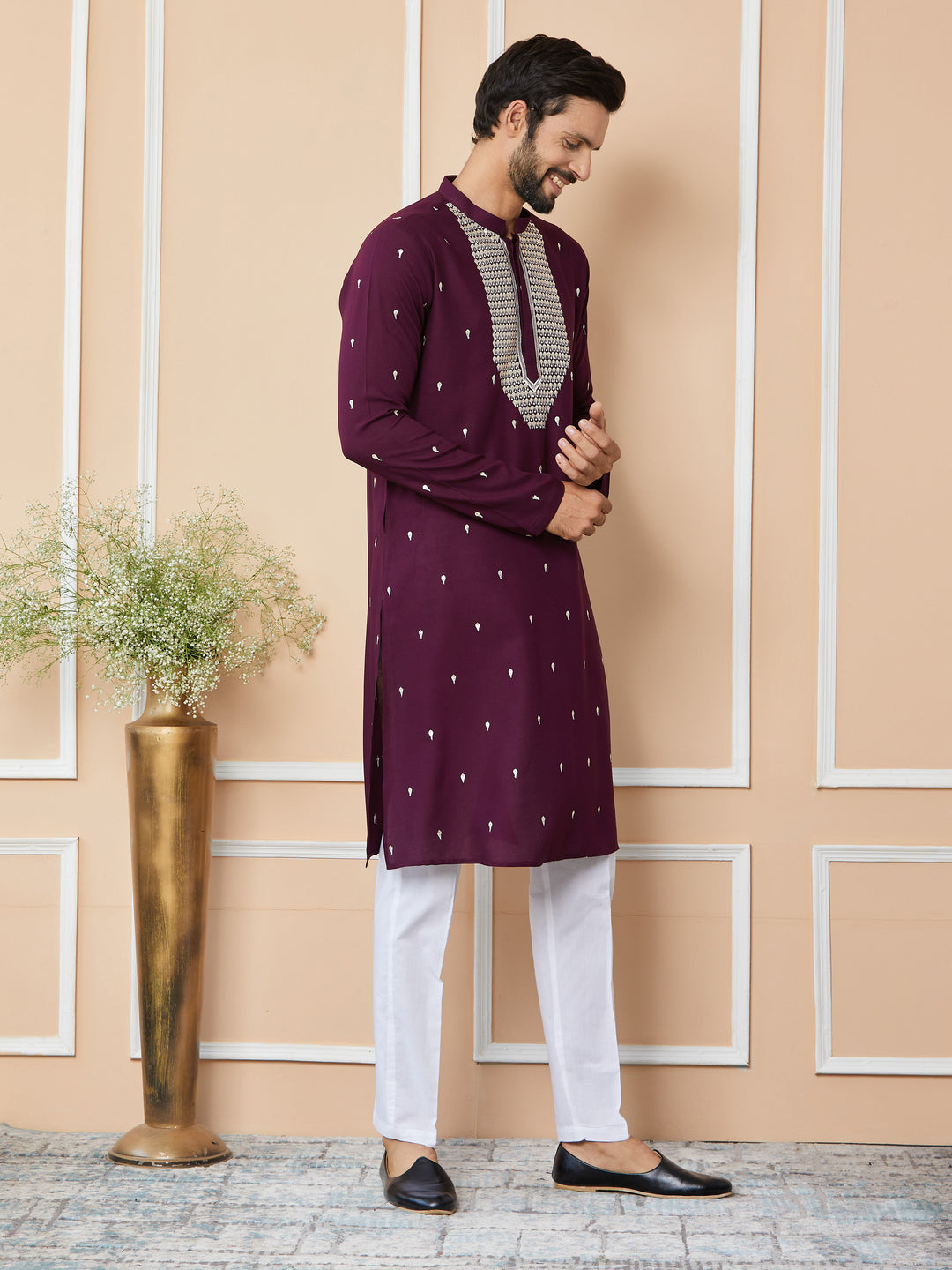 Purple Sequins Embroidered Rayon Straight Kurta with Yoke Design