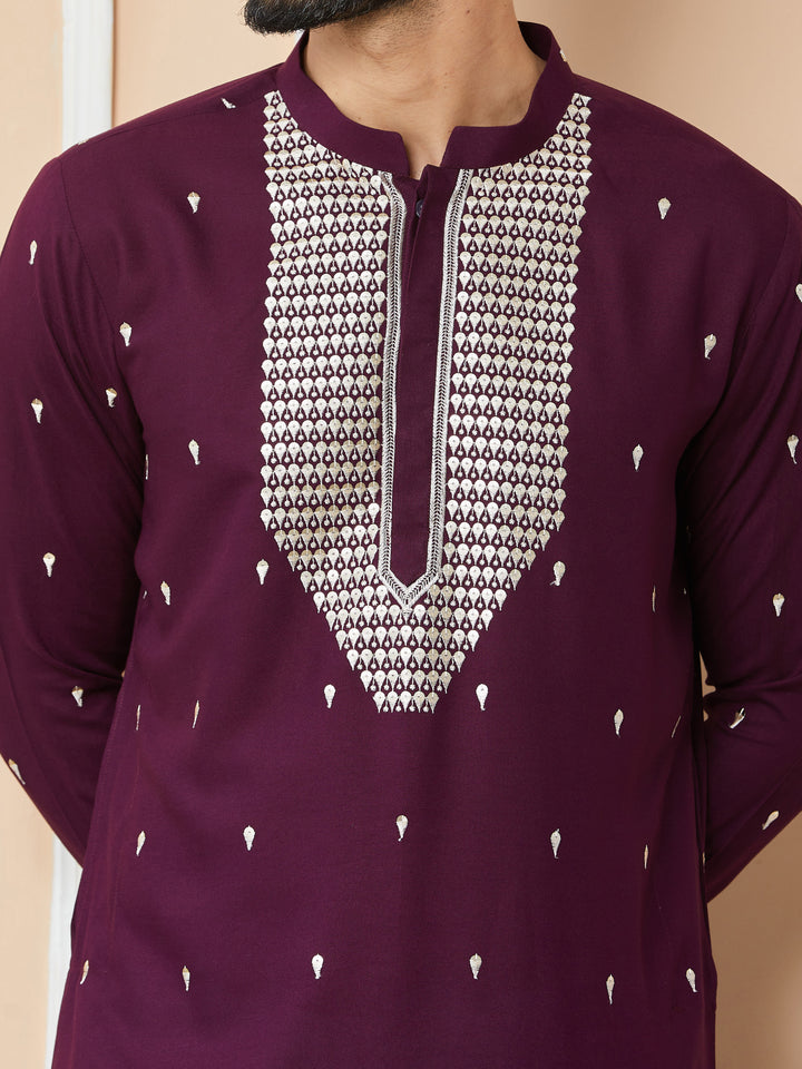 Purple Sequins Embroidered Rayon Straight Kurta with Yoke Design