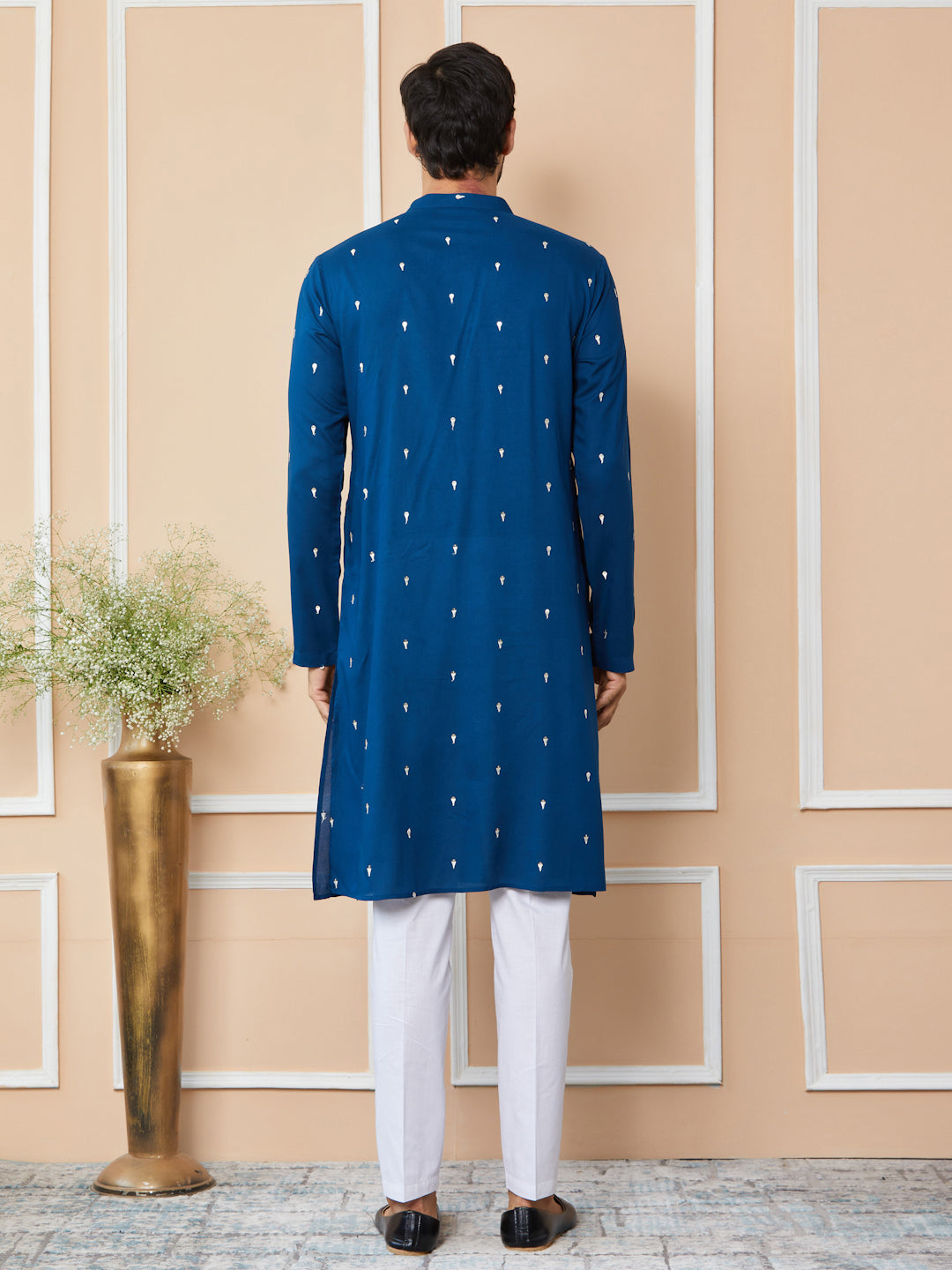 Royal Blue Sequins Embroidered Rayon Straight Kurta with Yoke Design and Pyjama