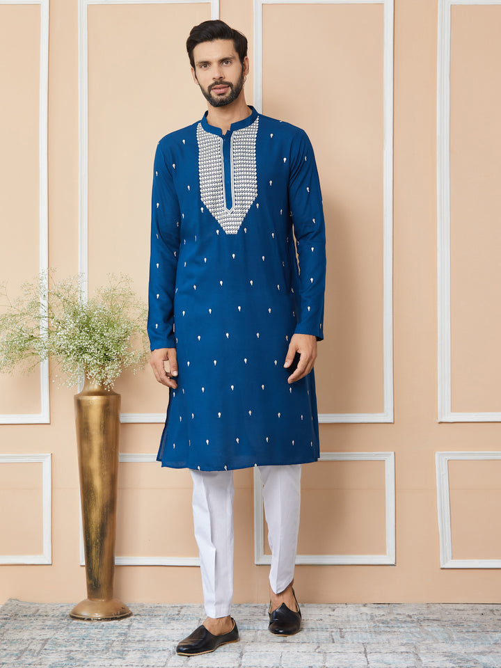 Royal Blue Sequins Embroidered Rayon Straight Kurta with Yoke Design