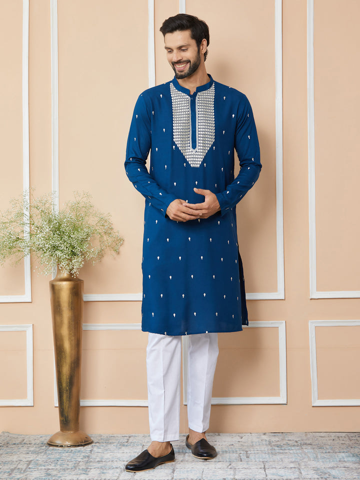 Royal Blue Sequins Embroidered Rayon Straight Kurta with Yoke Design