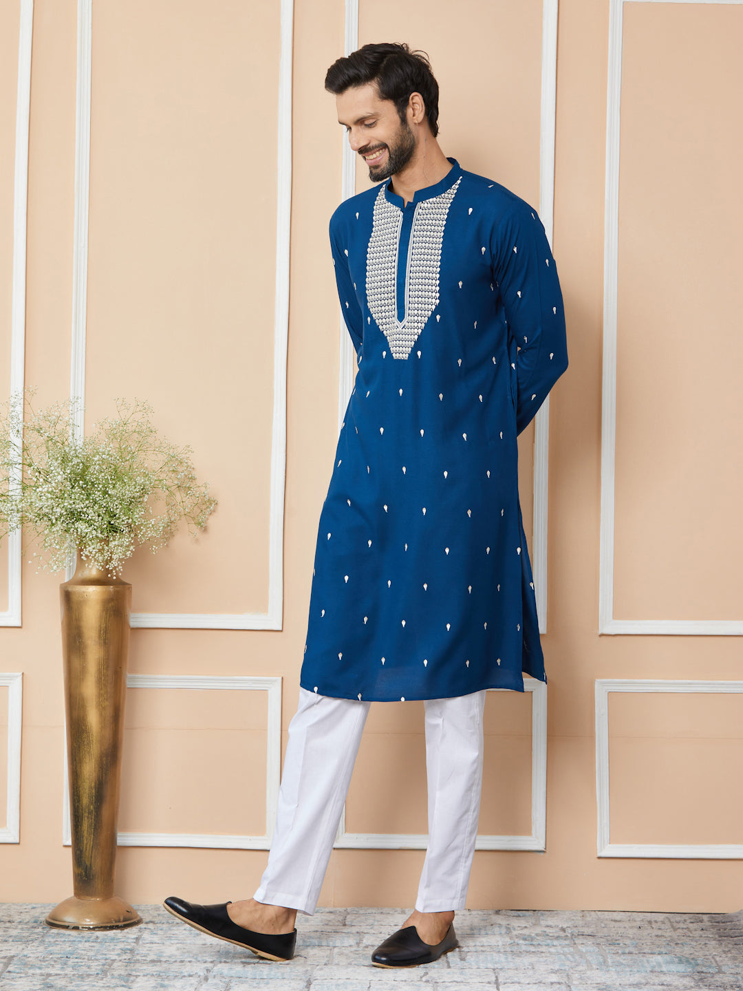 Royal Blue Sequins Embroidered Rayon Straight Kurta with Yoke Design and Pyjama