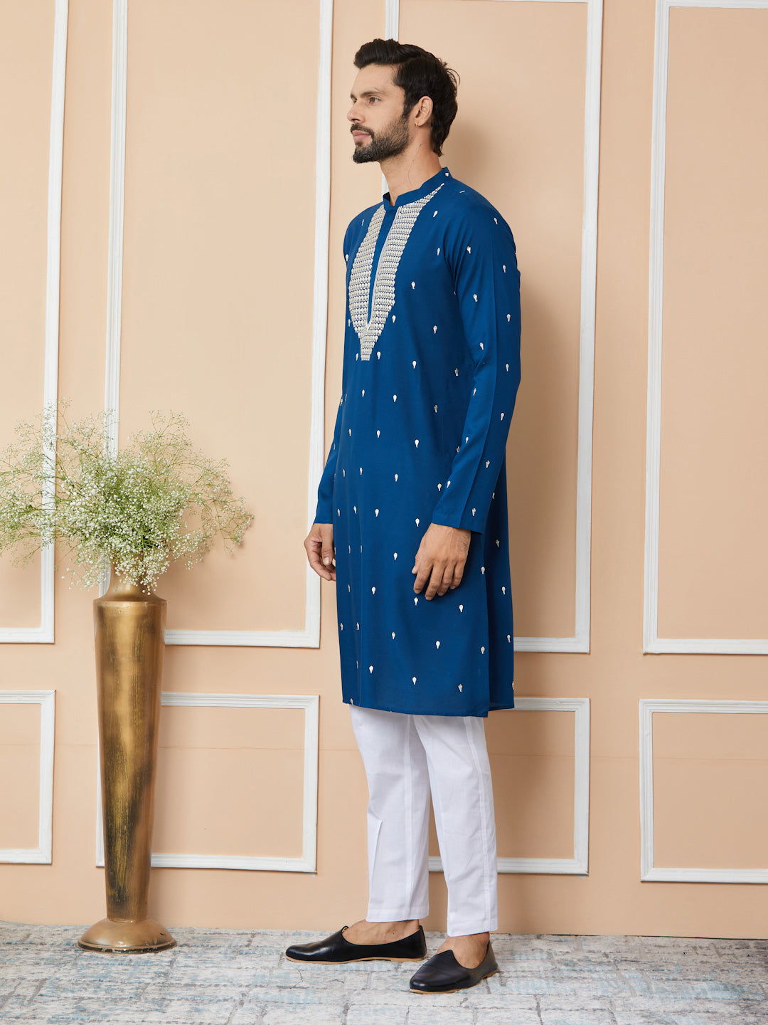 Royal Blue Sequins Embroidered Rayon Straight Kurta with Yoke Design and Pyjama