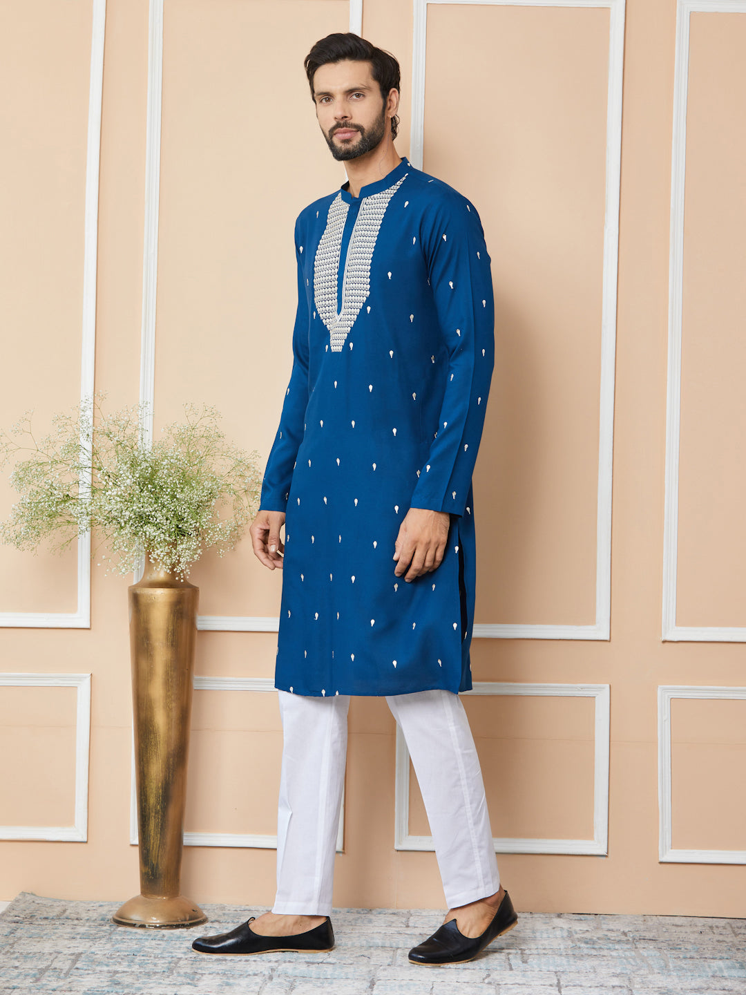 Royal Blue Sequins Embroidered Rayon Straight Kurta with Yoke Design and Pyjama